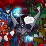 Episode-5: - Chapter 1: "Prologue" - Page 5 of Transformers: Prime: The New Beginning, a Transformers fanfiction comic. Starscream gets surrounded by Doomsayer's New Decepticon Armada that conist of Astrocharge (blue), Crossfire (red), Thunderlight (brown), and Motorstrike (green), and Doomsayer continues to speak about how things have been since the aftermath of Megatron's disappearance.